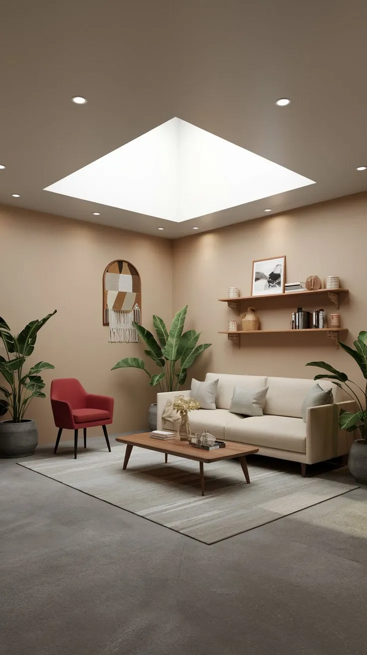 Bright Modern Basement Living Room with Skylight
