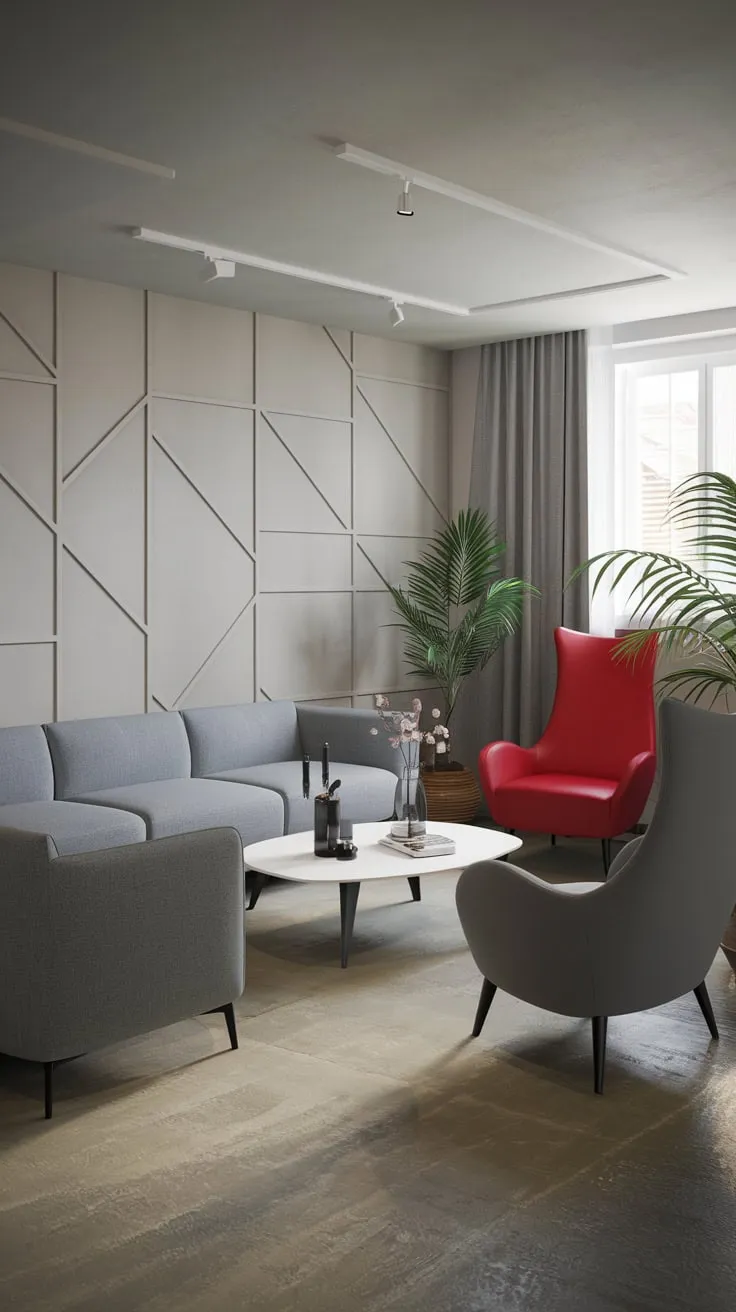 Stylish Modern Basement Living Room with Geometric Elegance