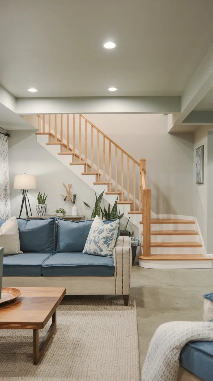 Stylish Modern Basement Living Room with Wooden Staircase