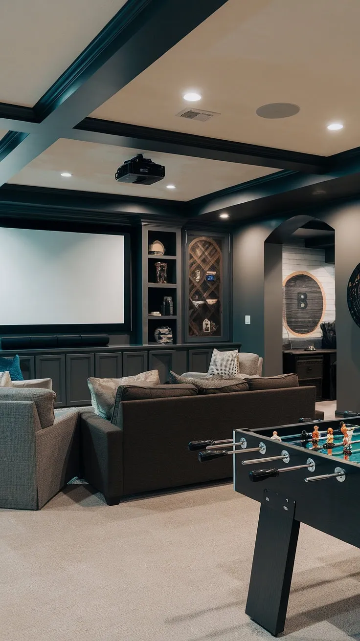 This moody dark basement transforms a forgotten space into the ultimate masculine bonus room.  The basement suite layout cleverly incorporates a cozy family room with a family room projector, a fun basement decor featuring a pool table and foosball, and a dedicated area for work or workouts.  Dark and moody basement ideas meet practical design in this stunning basement remodel.