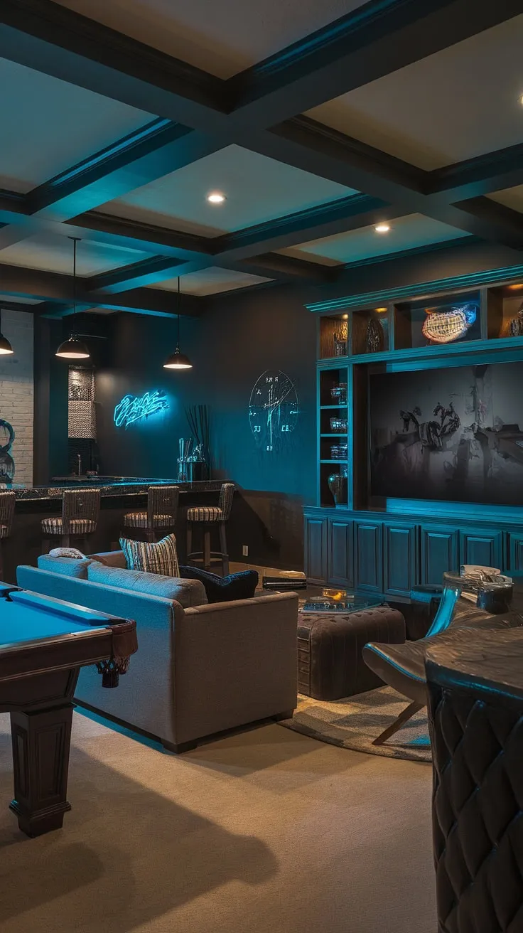 Escape to this moody dark basement, a haven of sophisticated style.  The basement cozy family room features a projector, while the masculine bonus room offers a separate retreat.  Dark walls and moody lighting create an intimate atmosphere, perfectly complemented by the fun basement decor and thoughtful basement suite layout.  This basement remodel exemplifies the best in dark and moody basement ideas.