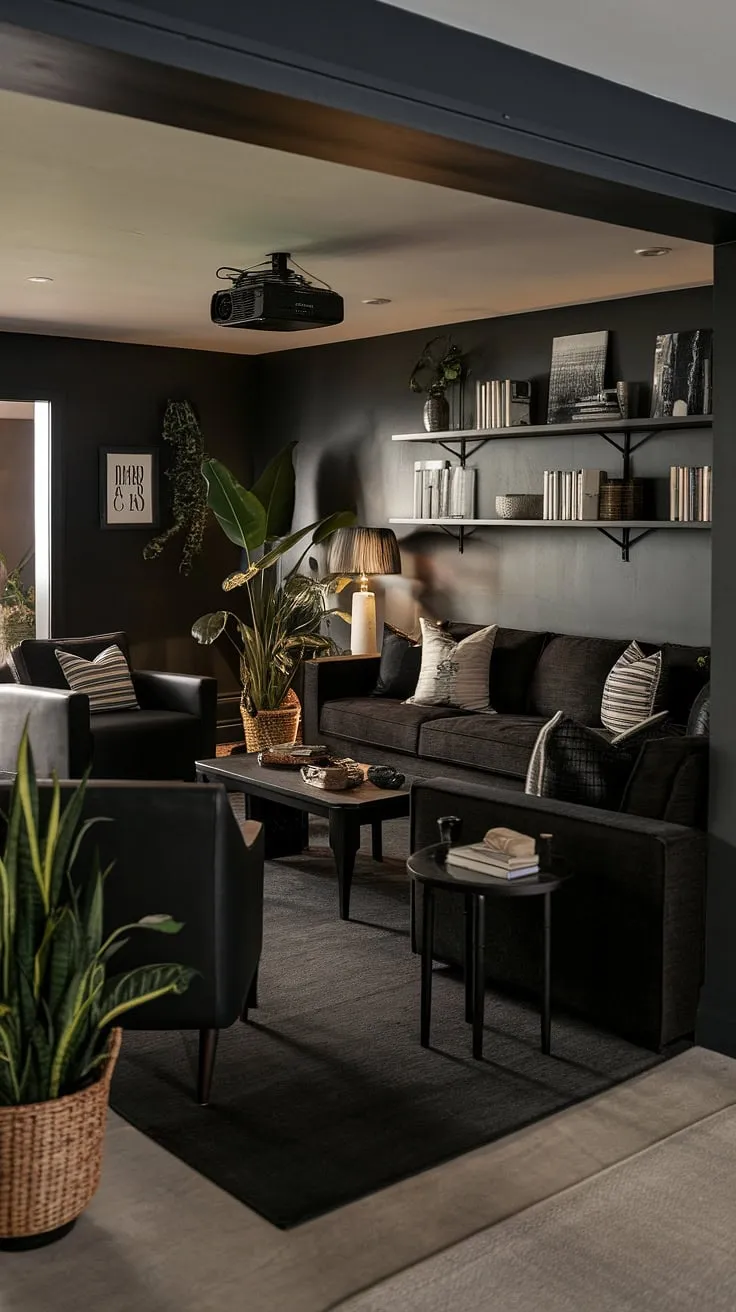 Escape to this moody dark basement, a stunning example of basement dark aesthetic.  The basement cozy family room features a masculine bonus room and a projector for movie nights, all within a cleverly designed basement suite layout.  The fun basement decor and carefully chosen lighting create an unexpectedly inviting atmosphere, offering excellent basement remodel ideas for those seeking a sophisticated and comfortable space.
