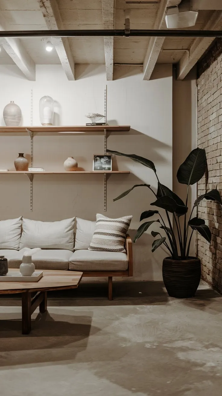 Stylish Modern Basement Living Room with Cozy Accents