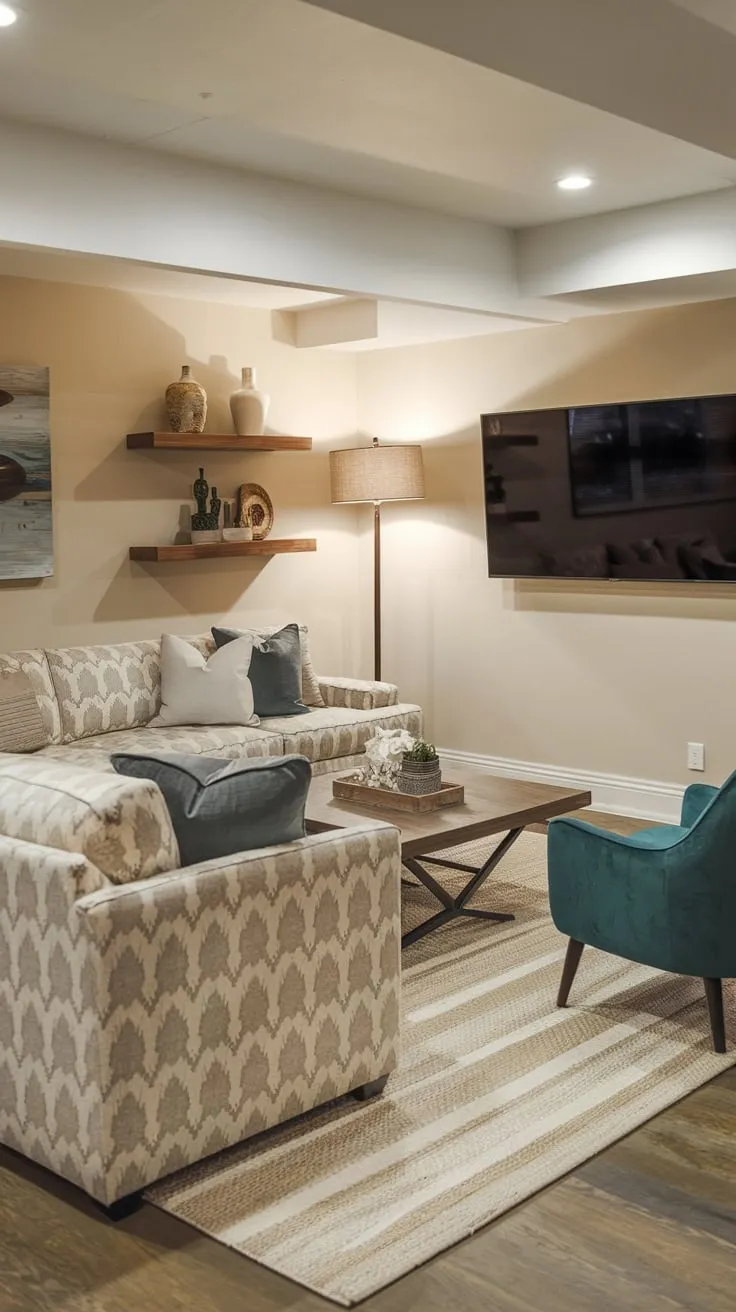 Cozy Modern Basement Living Room with Stylish Decor