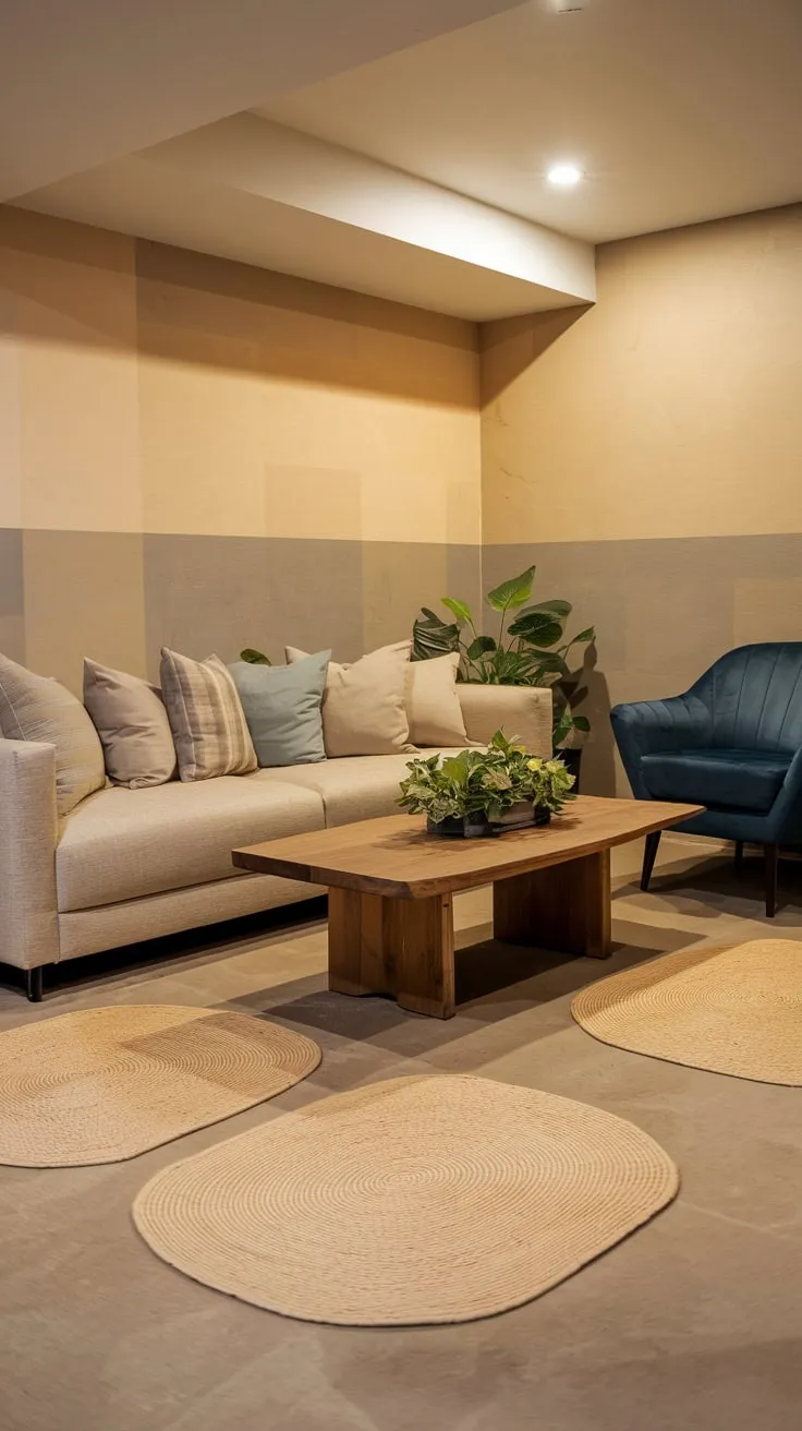 Cozy Modern Basement Living Room with Stylish Accents