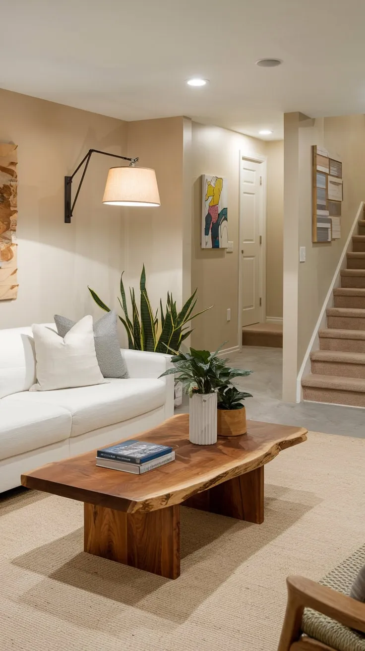 Cozy Modern Basement Living Room with Stylish Decor