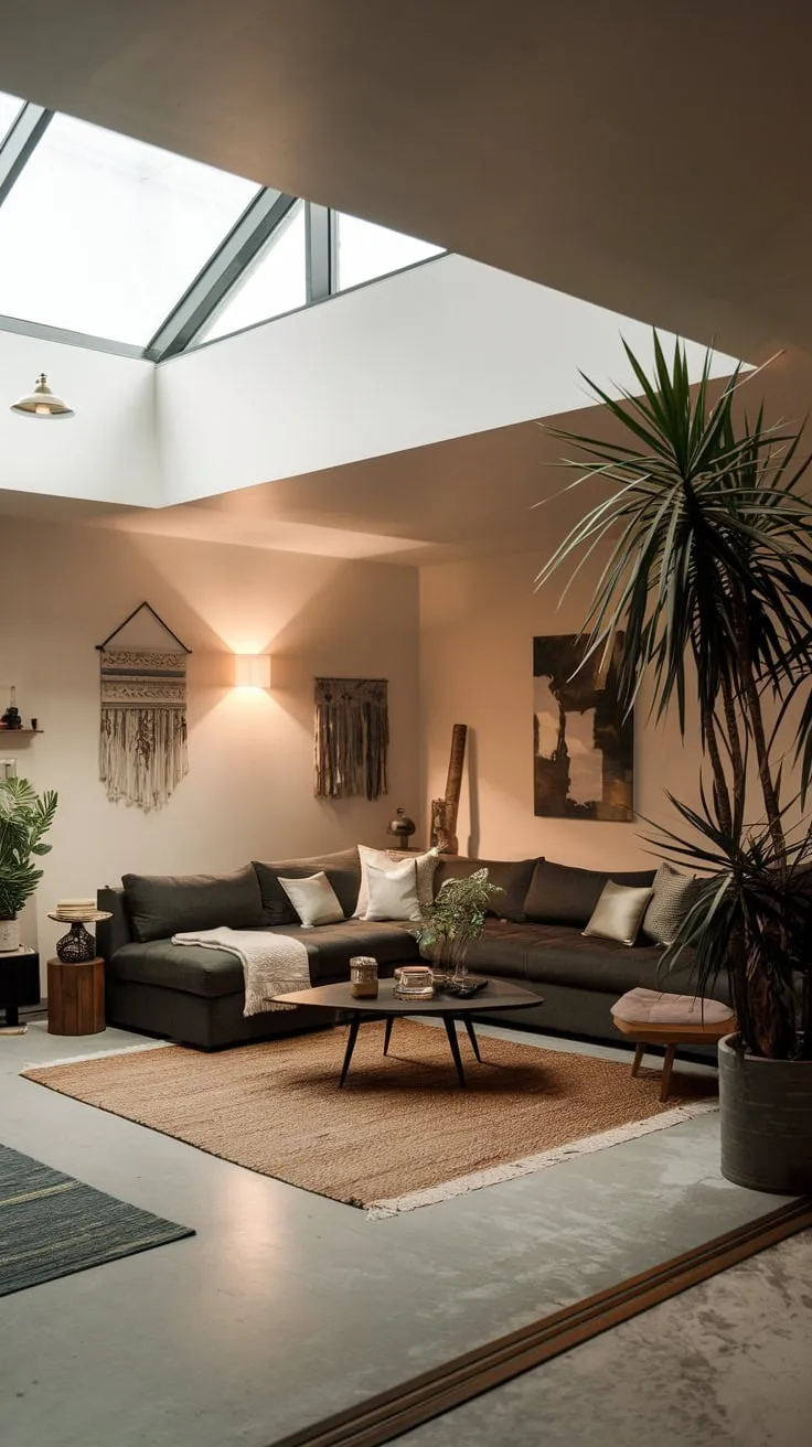 Cozy Modern Basement Living Room with Skylight