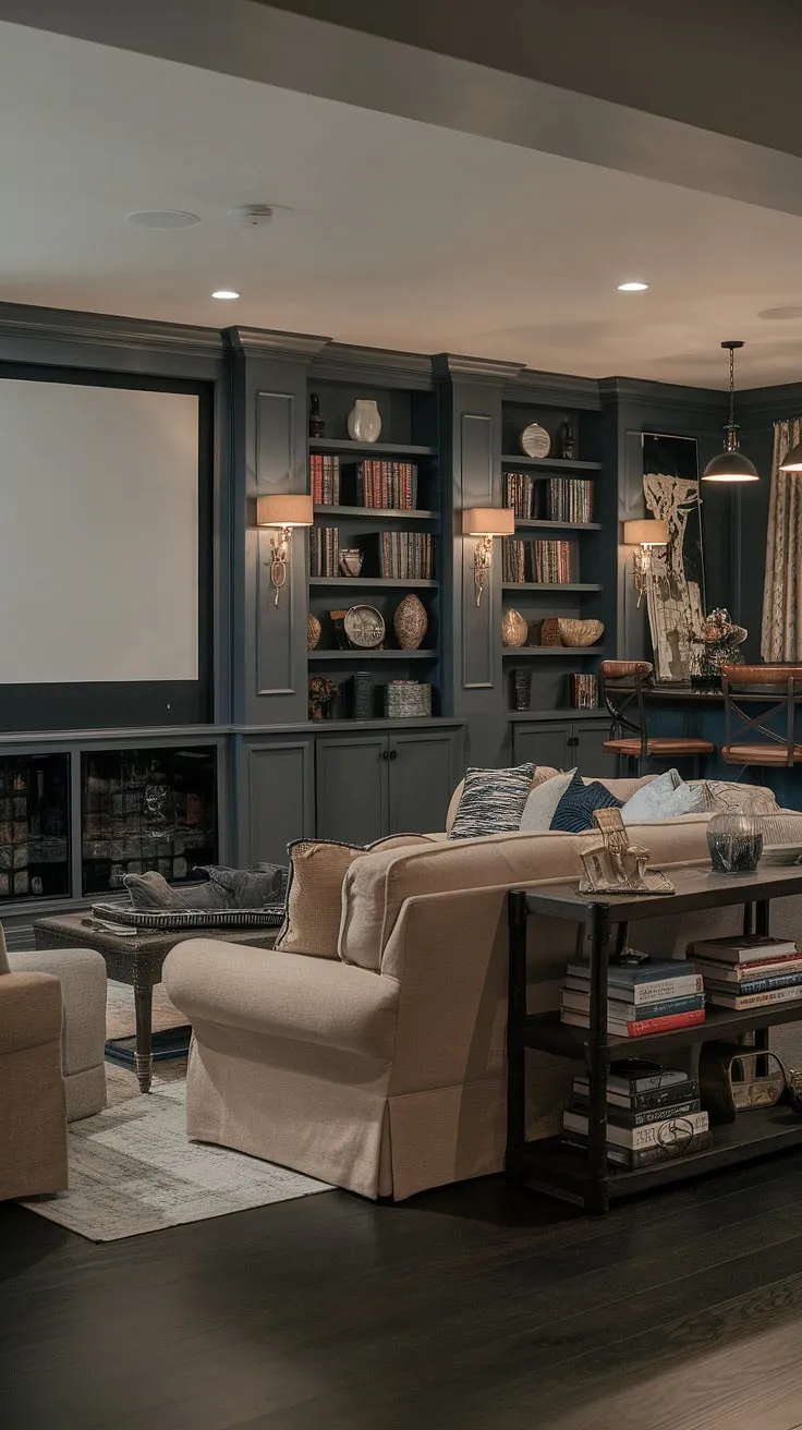 This basement living room, a masculine bonus room boasting a dark aesthetic, is the ultimate entertainment haven. The family room projector screen dominates one wall, inviting movie nights, while comfortable seating and a well-stocked bar area create a cozy atmosphere perfect for gatherings. Dark wood floors, mounted lamps, and shelves filled with books and fun basement decor complete the basement suite layout, showcasing clever basement remodel ideas and embodying the best of moody dark basement and dark and moody basement ideas. It's a basement cozy family room redefined.