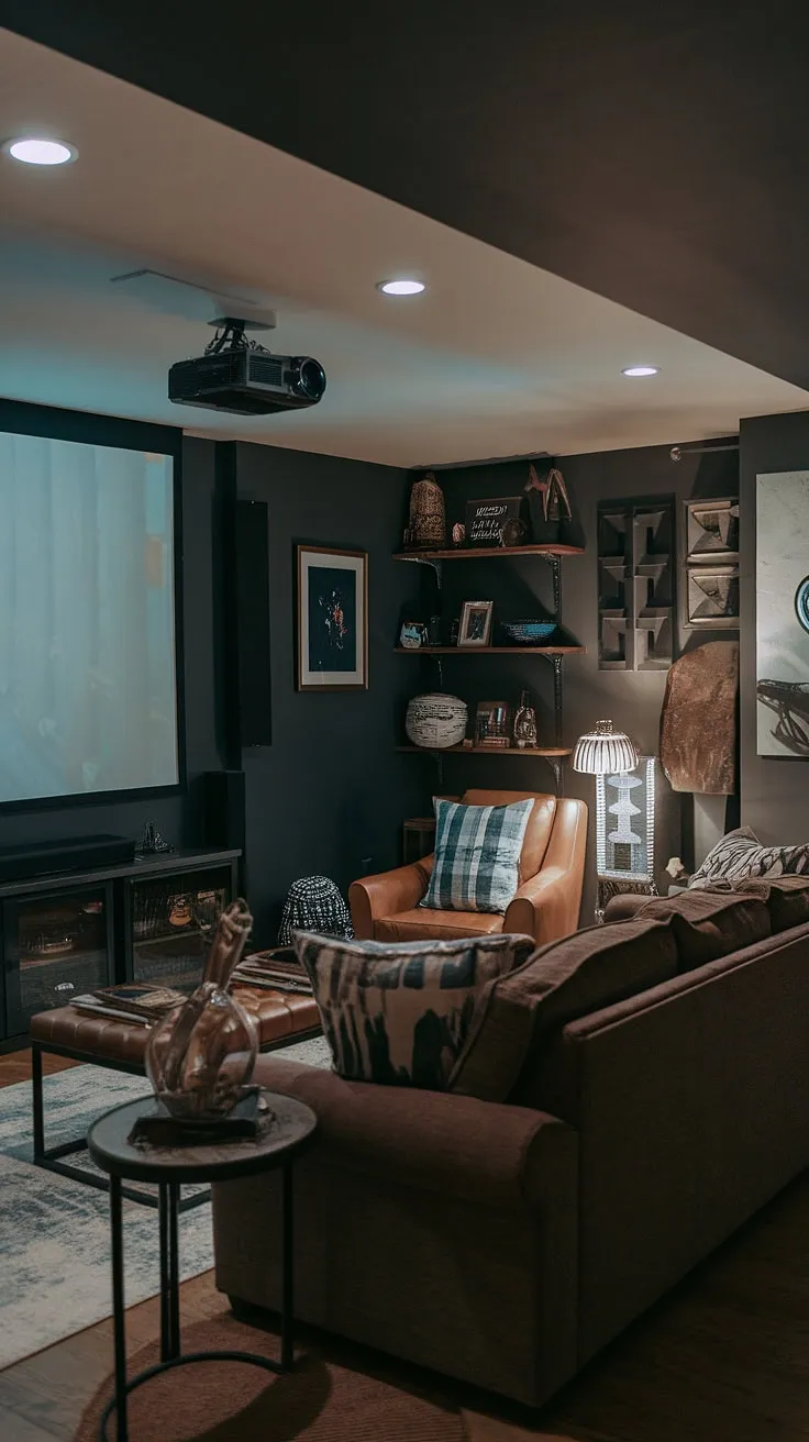 Moody yet inviting, this basement living room remodel proves that a dark aesthetic can create a cozy family room. The masculine bonus room features a projector and fun basement decor, making it the perfect blend of style and functionality. Explore these dark and moody basement ideas for your own basement suite layout.