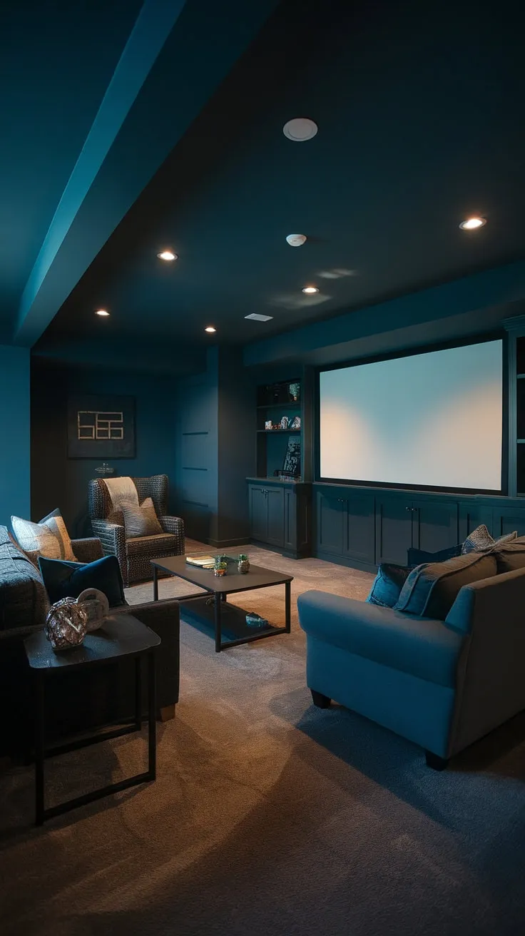 Escape to this cozy basement cozy family room, a stunning example of dark and moody basement ideas. The basement dark aesthetic, achieved through deep blue walls and dark gray carpeting, is balanced by comfortable furniture, creating a masculine bonus room ideal for relaxation and entertainment. The strategically placed family room projector and thoughtful basement suite layout complete this successful basement living room remodel, offering a fun basement decor space for the whole family.