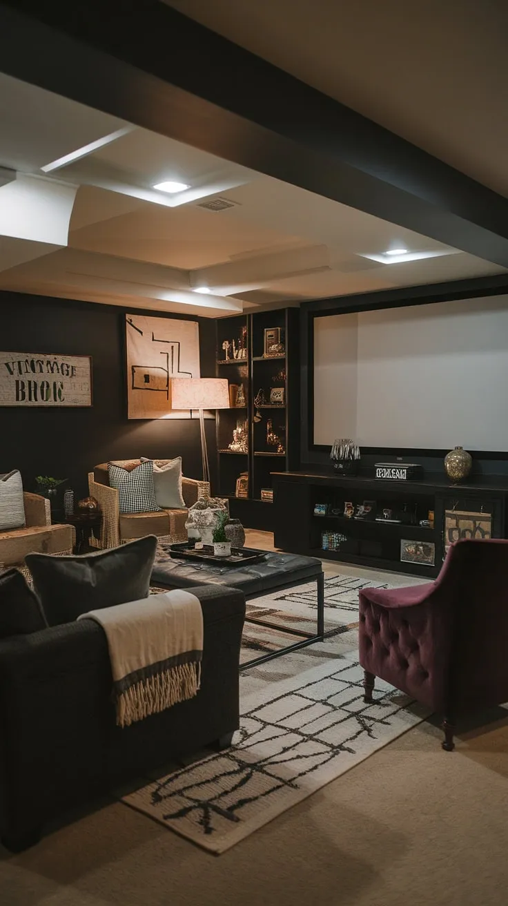 Escape to this moody dark basement, redesigned as a stunning basement cozy family room and masculine bonus room. The basement suite layout maximizes space, featuring a family room projector for movie nights and a dark aesthetic punctuated by fun basement decor. This basement remodel ideas project expertly balances dark walls and furniture with warm lighting, creating a truly inviting and stylish basement living room. The result is a sophisticated yet playful space, perfect for showcasing dark and moody basement ideas.