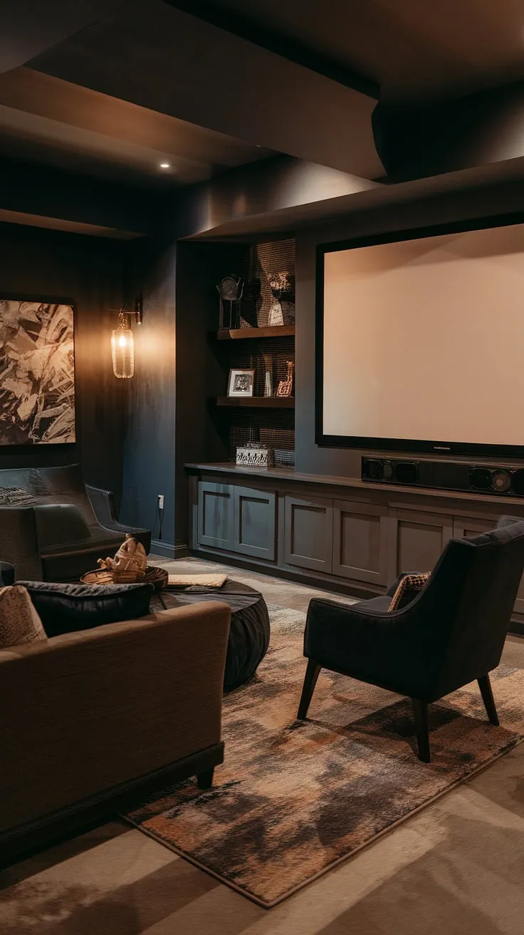 This basement living room, designed with a masculine bonus room vibe, boasts a dark aesthetic that's both sophisticated and cozy. The dark grey and brown tones create a moody dark basement atmosphere, perfectly complemented by the plush rug and comfortable seating area. A large projector screen transforms this space into a family room projector haven, while the thoughtful basement suite layout ensures functionality and style. This is a prime example of fun basement decor and offers excellent basement remodel ideas for those seeking a dark and moody basement.