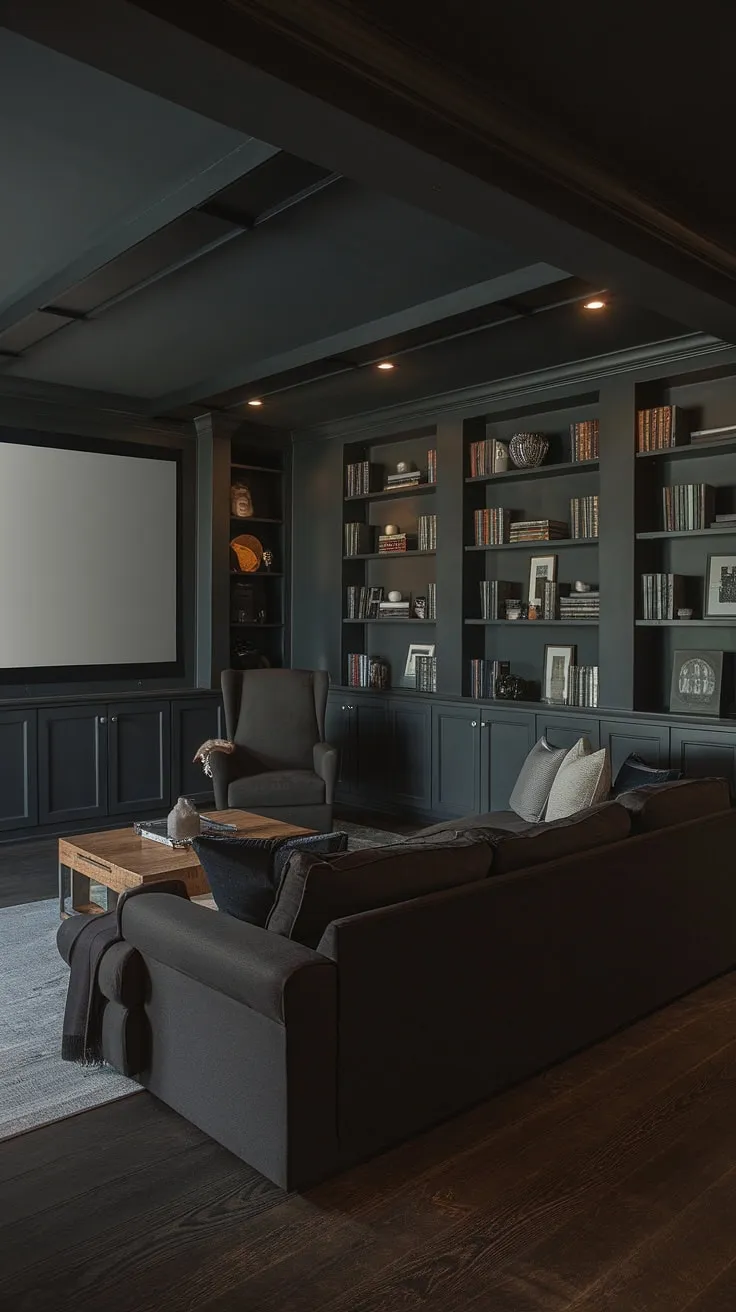 This basement cozy family room boasts a dark and moody basement aesthetic, showcasing clever basement suite layout and fun basement decor. The perfect blend of masculine bonus room and comfortable family space.