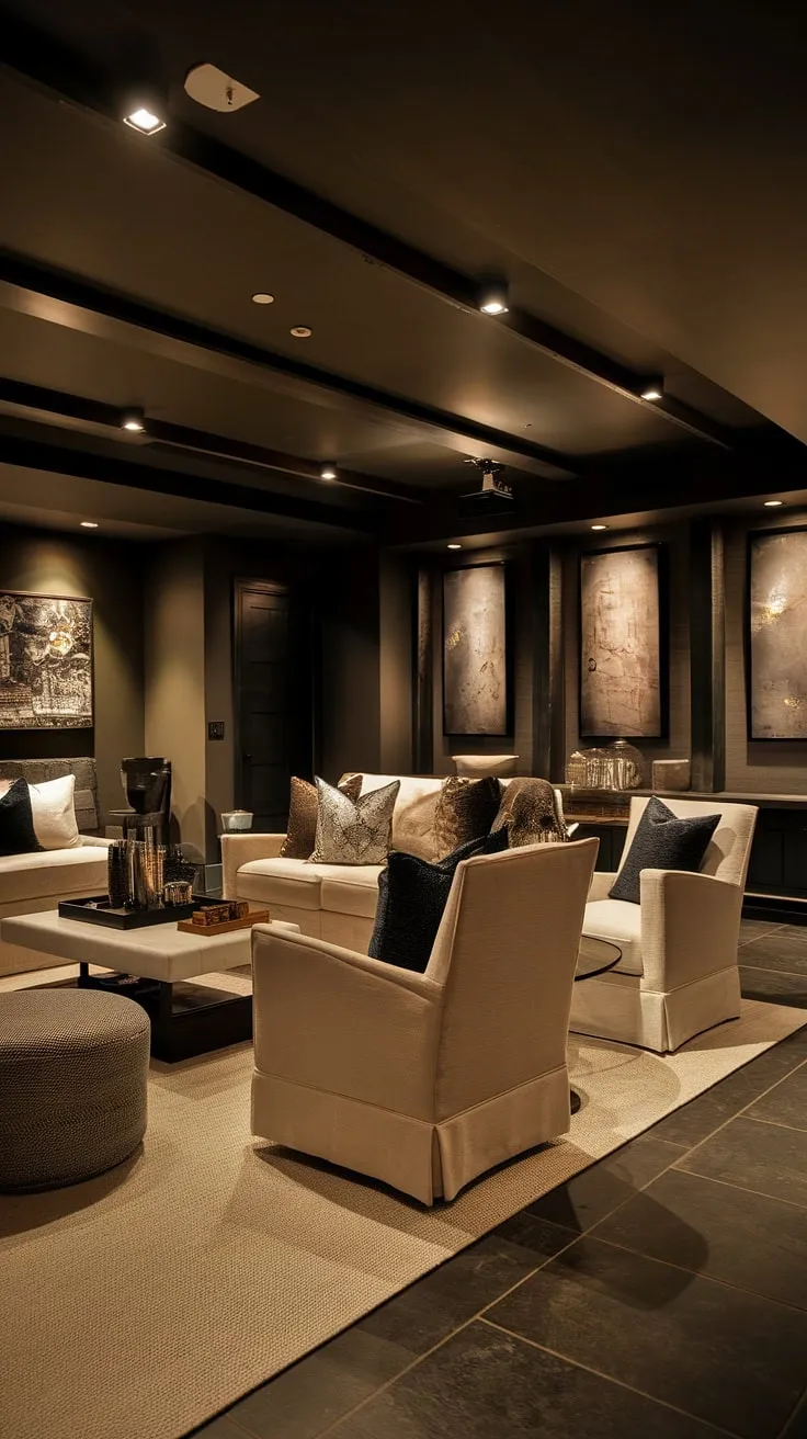 This basement living room seamlessly blends masculine bonus room vibes with a cozy family room, all thanks to clever basement remodel ideas. The dark and moody basement aesthetic, achieved with dark walls and flooring, is warmed by beige furniture and a strategically placed projector for movie nights. The basement suite layout maximizes space, creating a fun basement decor that's both stylish and functional. A perfect example of dark and moody basement ideas for a comfortable and inviting space.