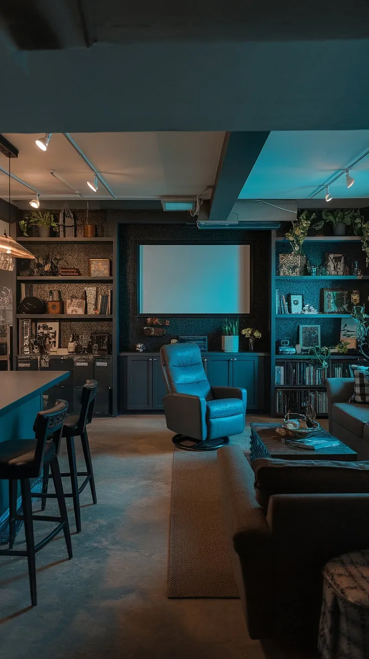 Transforming this basement into a cozy family room was a dream come true! The dark aesthetic and moody lighting create a sophisticated ambiance, while the family room projector, comfortable seating, and fun basement decor add a touch of playful masculinity. This basement suite layout, complete with a bar and ample shelving, is the epitome of dark and moody basement ideas and offers inspiring basement remodel ideas for anyone looking to create a unique and functional space.