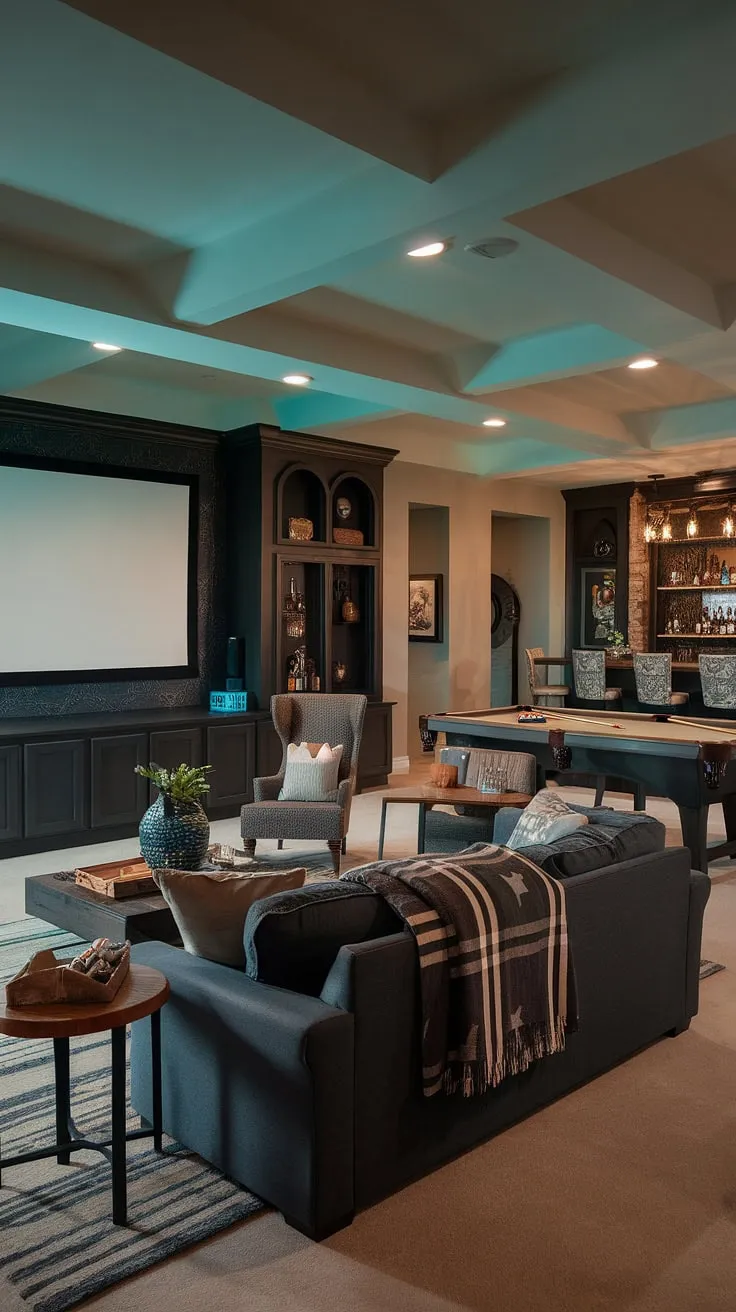 Escape to this moody dark basement, a stunning example of basement remodel ideas. The basement suite layout cleverly incorporates a cozy family room projector, a pool table, and a bar into a masculine bonus room design. The dark aesthetic is balanced by comfortable seating, creating a fun basement decor perfect for family movie nights and entertaining. This basement cozy family room is the epitome of dark and moody basement ideas.