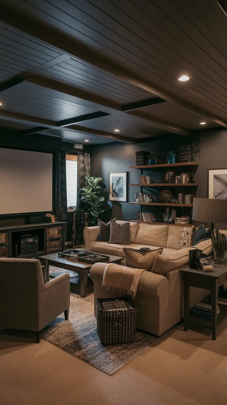 Escape to this moody dark basement: a cozy family room with a projector, perfect for movie nights. This basement dark aesthetic and basement remodel ideas create a masculine bonus room with a surprisingly inviting basement cozy family room feel.