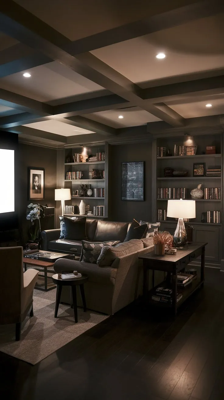 This moody dark basement, transformed into a stunning basement suite layout, boasts a masculine bonus room seamlessly flowing into a cozy family room. The dark and moody basement ideas are brought to life with fun basement decor, warm lighting, and a family room projector perfect for movie nights. Dark wood floors and a dark aesthetic create an inviting atmosphere, showcasing clever basement remodel ideas.