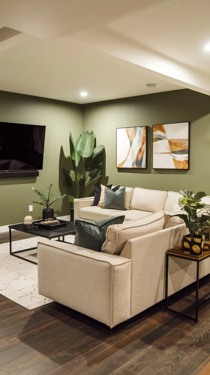 Chic Modern Basement Living Room with Green Accents