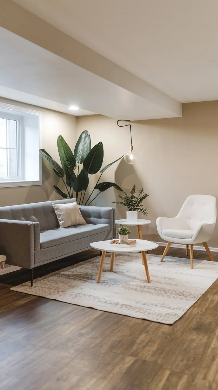 Stylish Modern Basement Living Room with Cozy Accents