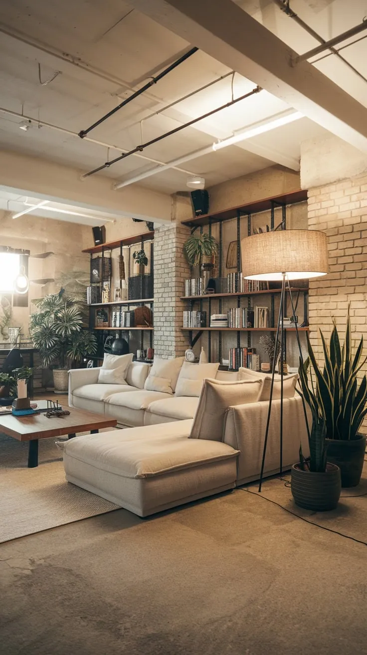Inviting Modern Basement Living Room with Exposed Brick