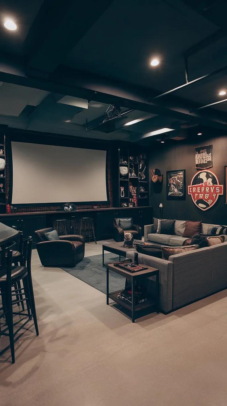 This basement living room transforms a dark and moody basement into a masculine bonus room, perfect for movie nights with the family. The family room projector, vintage finds, and sports memorabilia create fun basement decor within this cozy basement family room and basement suite layout.