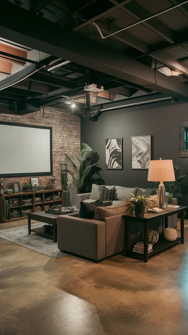 This basement living room transforms a dark and moody basement into a masculine bonus room, complete with a family room projector and cozy family room vibes. The basement suite layout maximizes space, showcasing fun basement decor and inspiring basement remodel ideas.