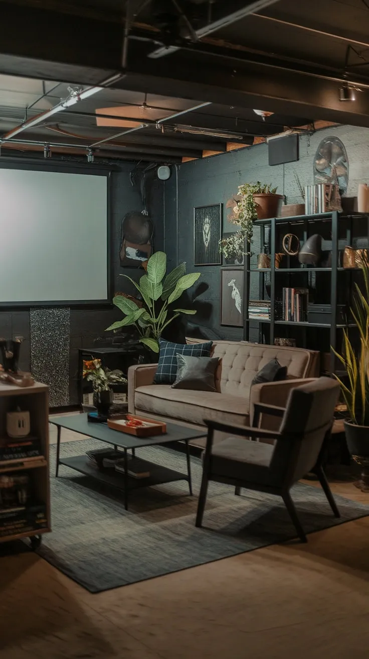 Escape to this moody dark basement—a captivating basement living room with a dark and moody basement aesthetic. Industrial elements and fun basement decor blend seamlessly in this basement suite layout, creating the perfect masculine bonus room and family room projector setup. Explore dark and moody basement ideas for your own basement remodel ideas.