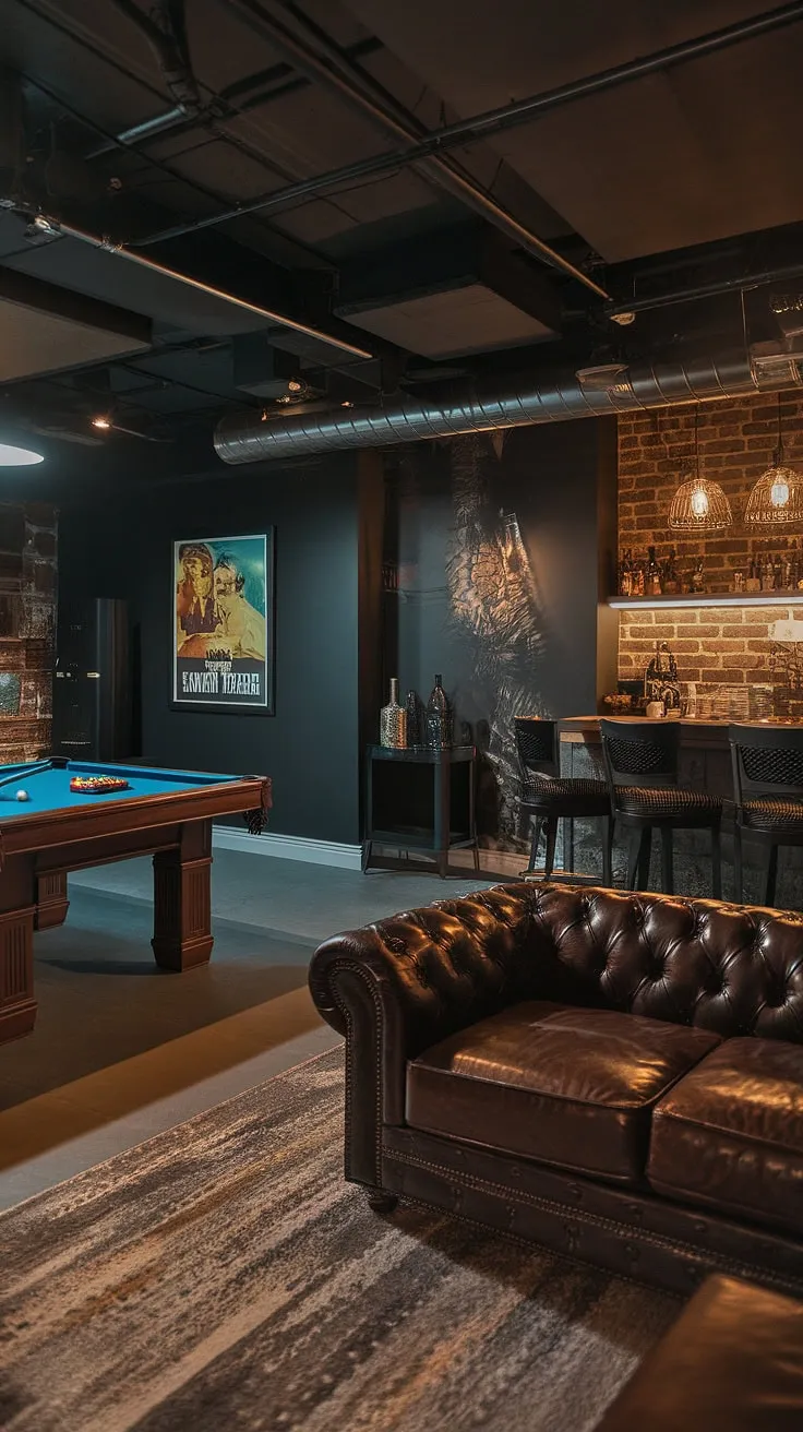 Dark and moody basement ideas come to life in this stunning basement living room. A fun basement decor scheme, exposed brick, and a basement remodel that's both stylish and functional, creating the ultimate basement cozy family room.