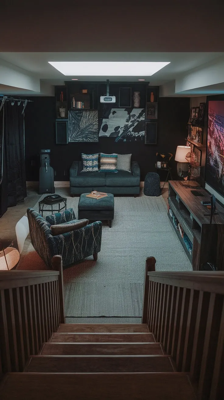 Transform your basement into a stunning retreat with this basement suite layout. The dark and moody basement aesthetic is elevated by a cozy family room projector and fun basement decor, creating a masculine bonus room perfect for relaxation and entertainment. The clever use of a skylight combats the typical basement dark aesthetic, while the separate workout area adds functionality. This basement living room showcases the best in basement remodel ideas, proving that a moody dark basement can be both stylish and inviting.