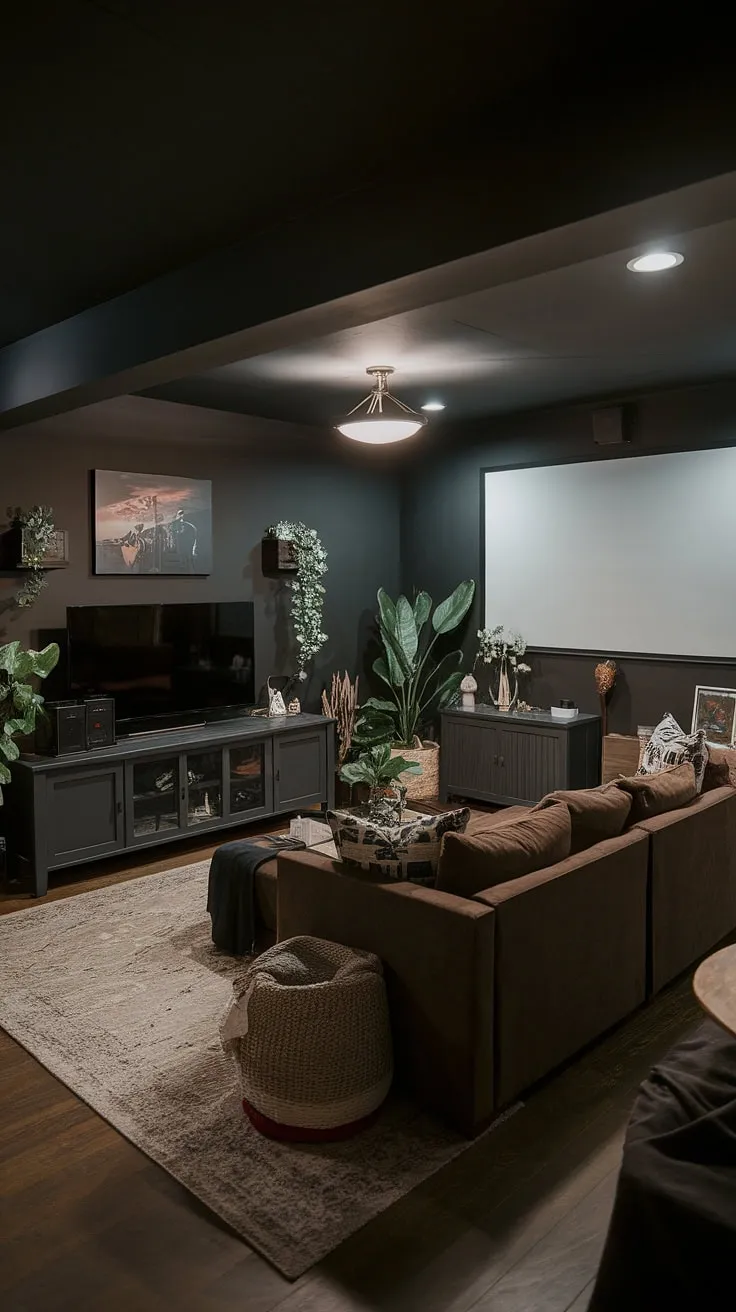 This moody dark basement is a testament to dark and moody basement ideas. The basement cozy family room, with its family room projector and thoughtful basement suite layout, offers a sophisticated masculine aesthetic. Perfect for basement remodel ideas, this space is a stunning example of a basement living room.