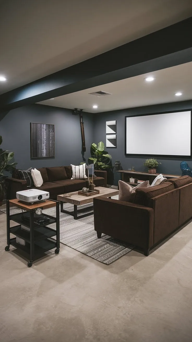 Escape the everyday in this moody dark basement, transformed into a masculine bonus room and cozy family room. The basement living room's dark aesthetic, complete with family room projector, offers the perfect blend of style and entertainment.