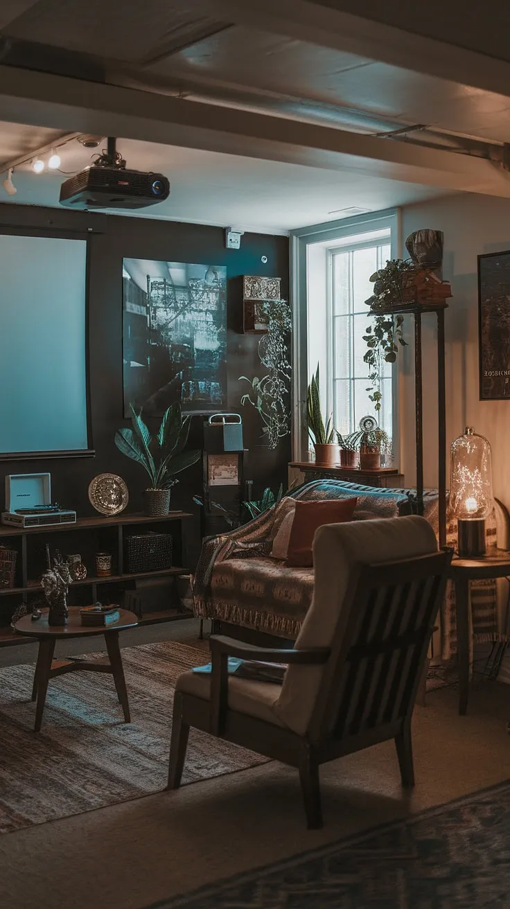 Transforming a dark and moody basement into a masculine bonus room, this basement living room boasts a cozy family room projector setup, fun basement decor, and a surprisingly bright and airy basement suite layout. Basement remodel ideas done right.