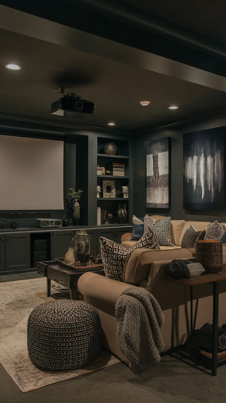 Escape the ordinary in this moody dark basement living room, complete with a masculine bonus room and family room projector—the ultimate basement suite layout for cozy movie nights. Fun basement decor elevates this basement remodel idea to a whole new level.