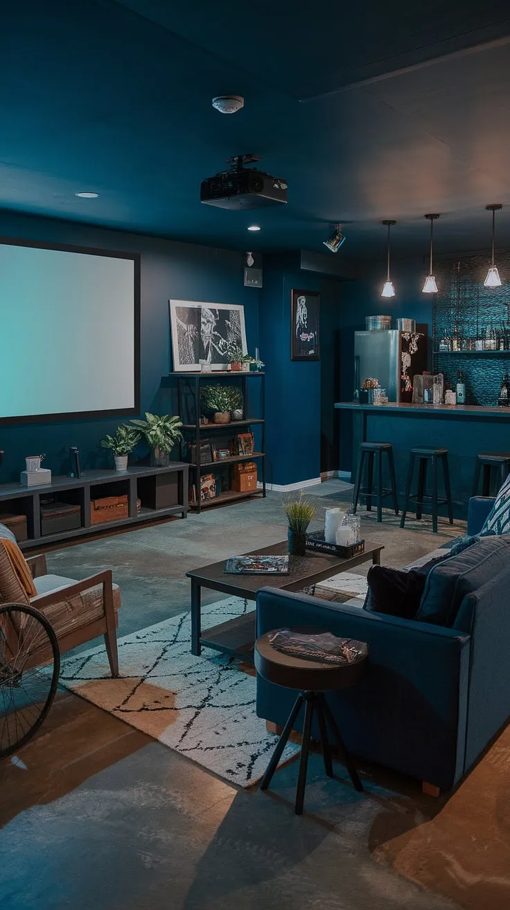This basement living room transforms a dark and moody basement into a masculine bonus room, perfect for family movie nights. The basement suite layout cleverly incorporates a bar area, comfortable seating, and a family room projector for ultimate entertainment. Fun basement decor, like the vintage bike and potted plants, adds personality against the deep blue walls and concrete flooring, showcasing creative basement remodel ideas.