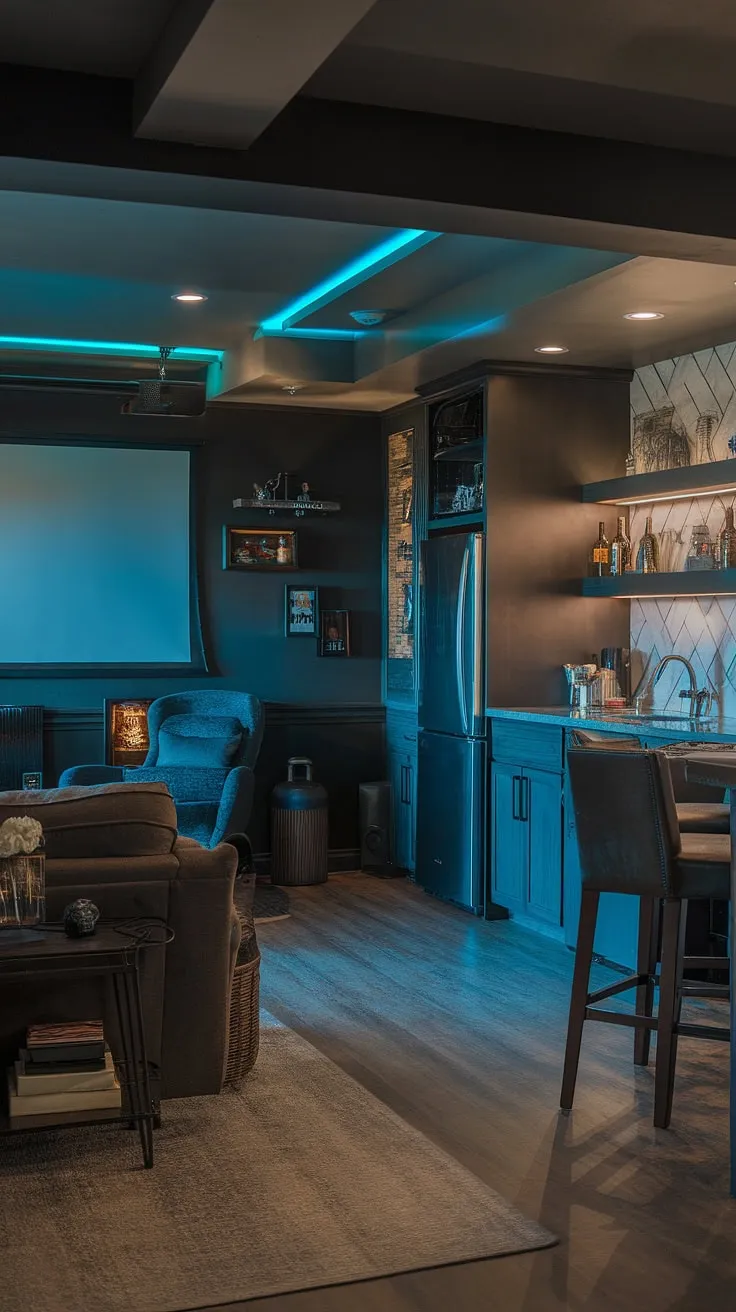 This moody dark basement, transformed into a masculine bonus room, boasts a cozy family room projector setup perfect for movie nights. The basement suite layout cleverly incorporates a wet bar, games area, and lounge space, all within a dark aesthetic that feels surprisingly inviting. Fun basement decor and thoughtful shelving complete this stunning basement remodel ideas example.