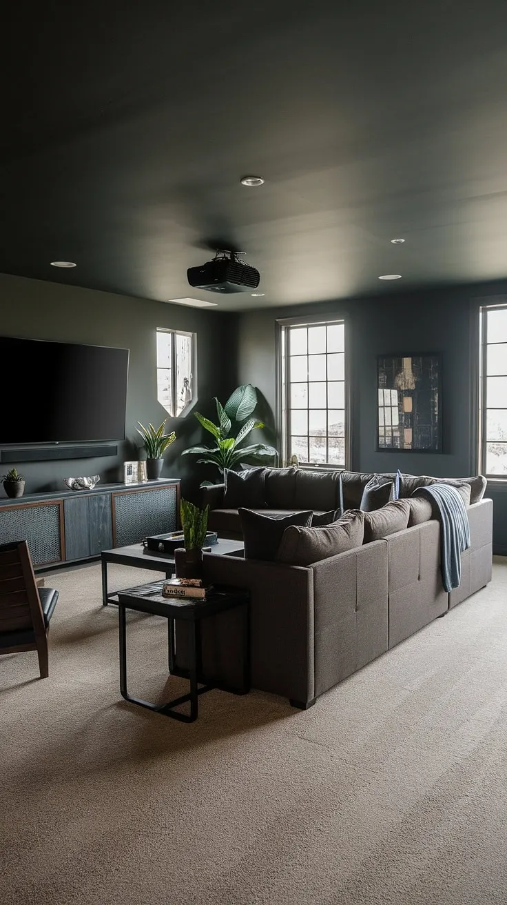 This masculine bonus room transforms a dark basement into a cozy family room, perfect for movie nights with the family projector. The basement suite layout maximizes space, showcasing fun basement decor and dark and moody basement ideas.