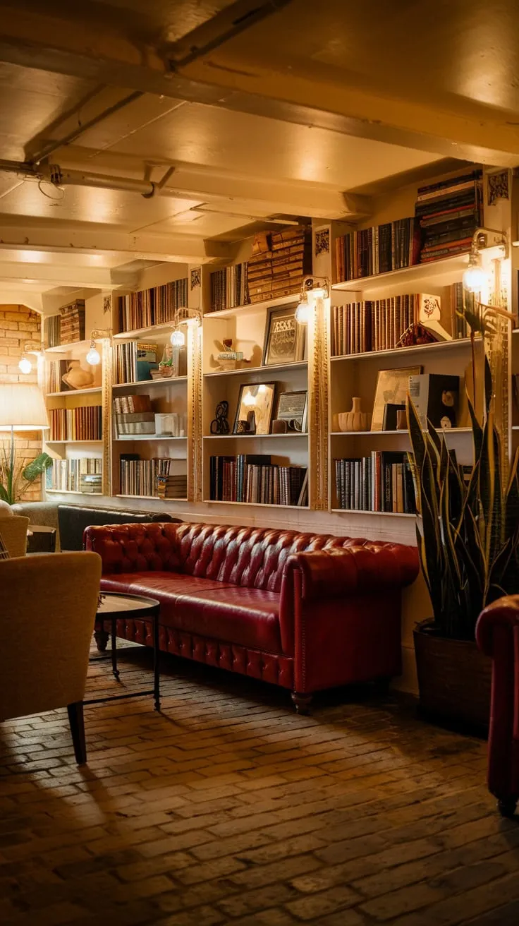 Cozy Vintage Basement Lounge with Books and Plants