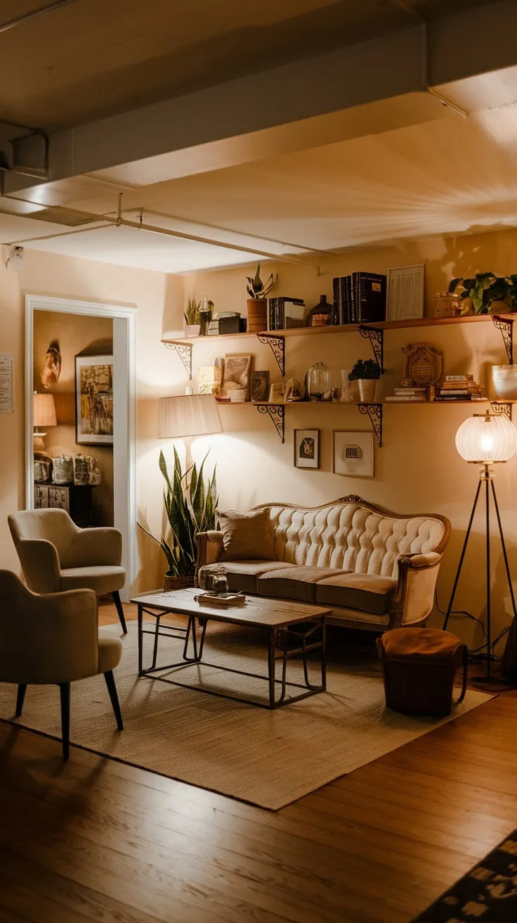 Cozy Vintage Basement Lounge with Warm Lighting Decor