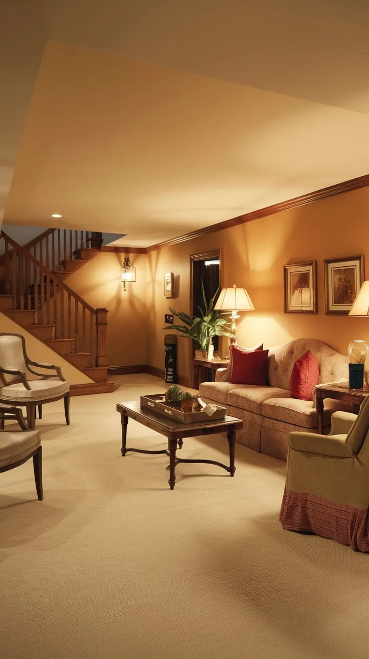 Cozy Vintage Basement Lounge with Warm Lighting