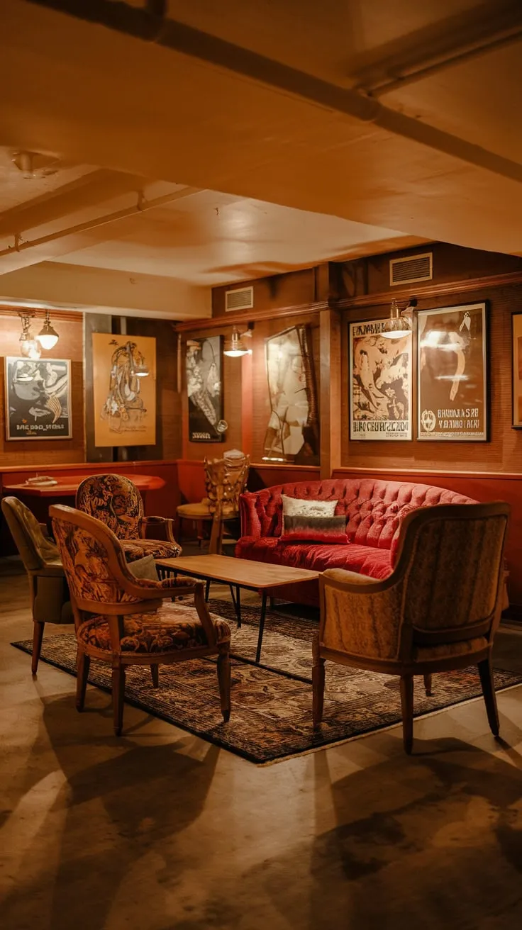 Cozy Vintage Basement Lounge with Warm Lighting Ambiance