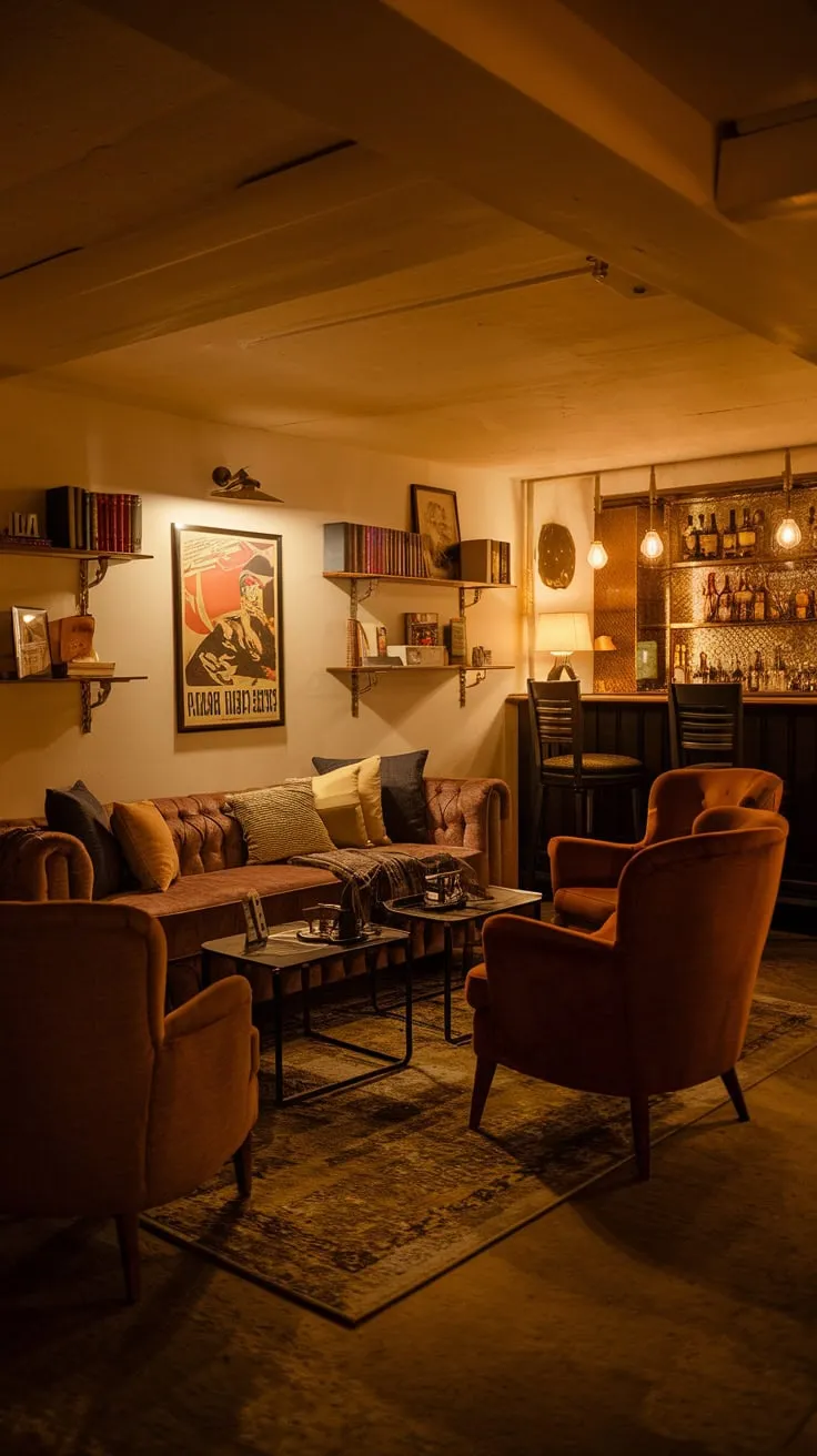 Cozy Vintage Basement Lounge with Plush Seating