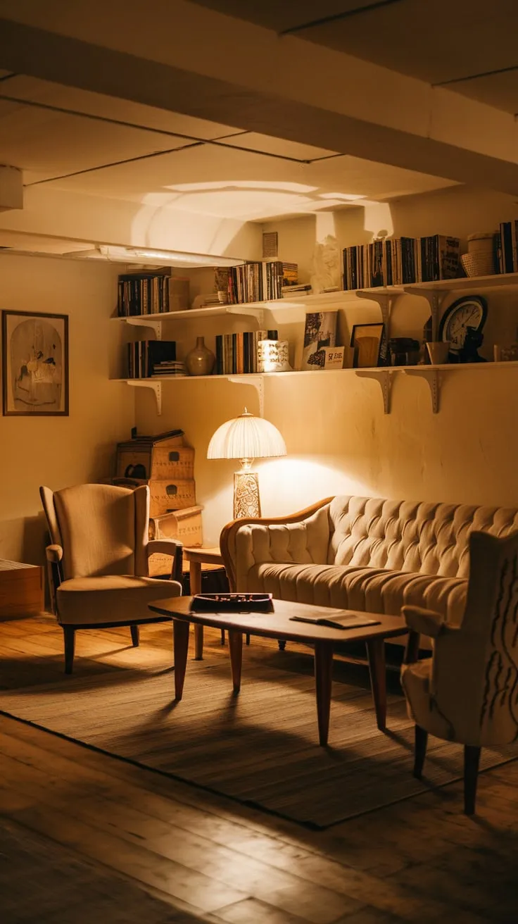 Cozy Vintage Basement Lounge with Warm Lighting Ambiance