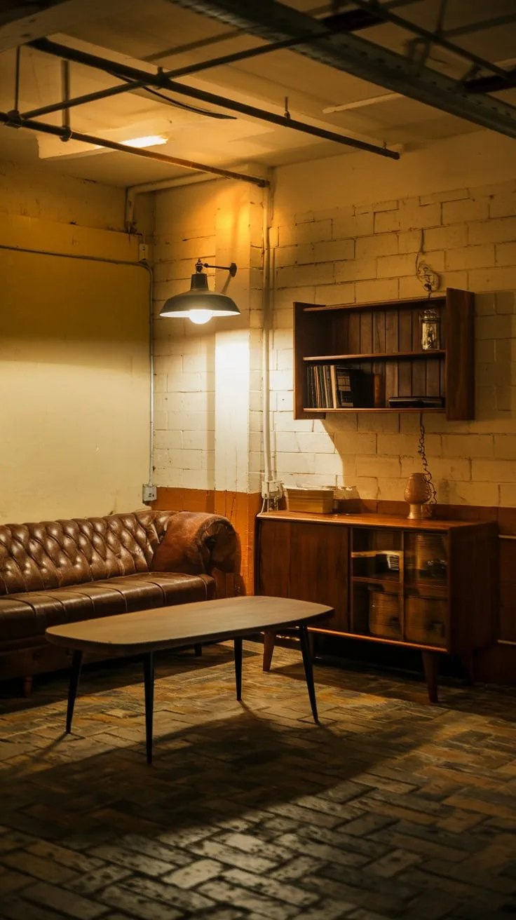 Cozy Vintage Basement Lounge with Warm Lighting Ambiance
