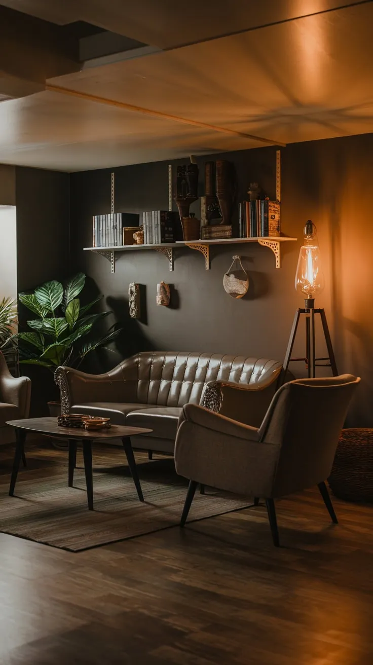 Cozy Vintage Basement Lounge with Warm Lighting Ambiance