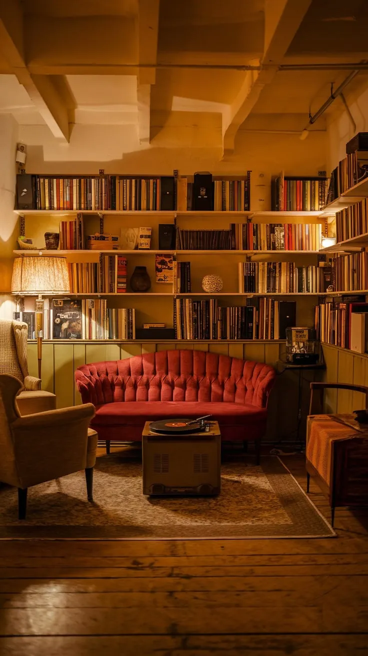 Cozy Vintage Basement Lounge with Plush Red Sofa