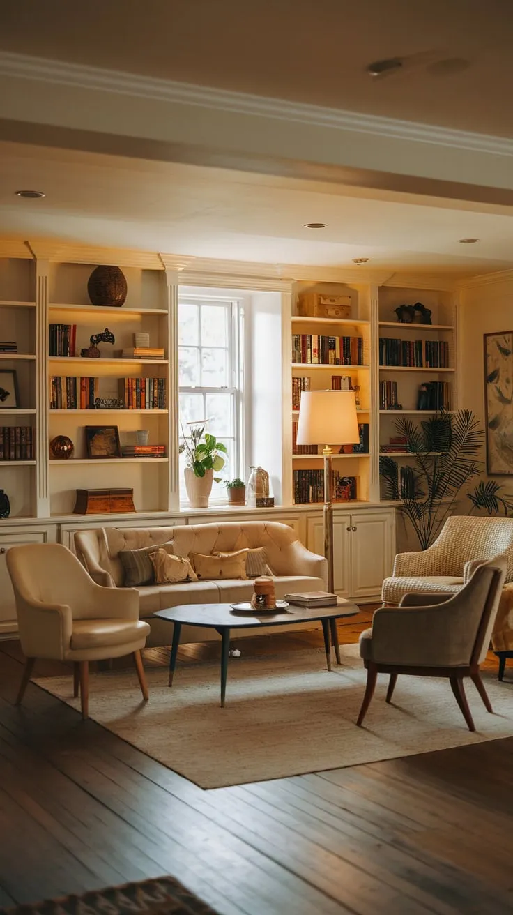 Cozy Vintage Basement Lounge with Warm Lighting Decor
