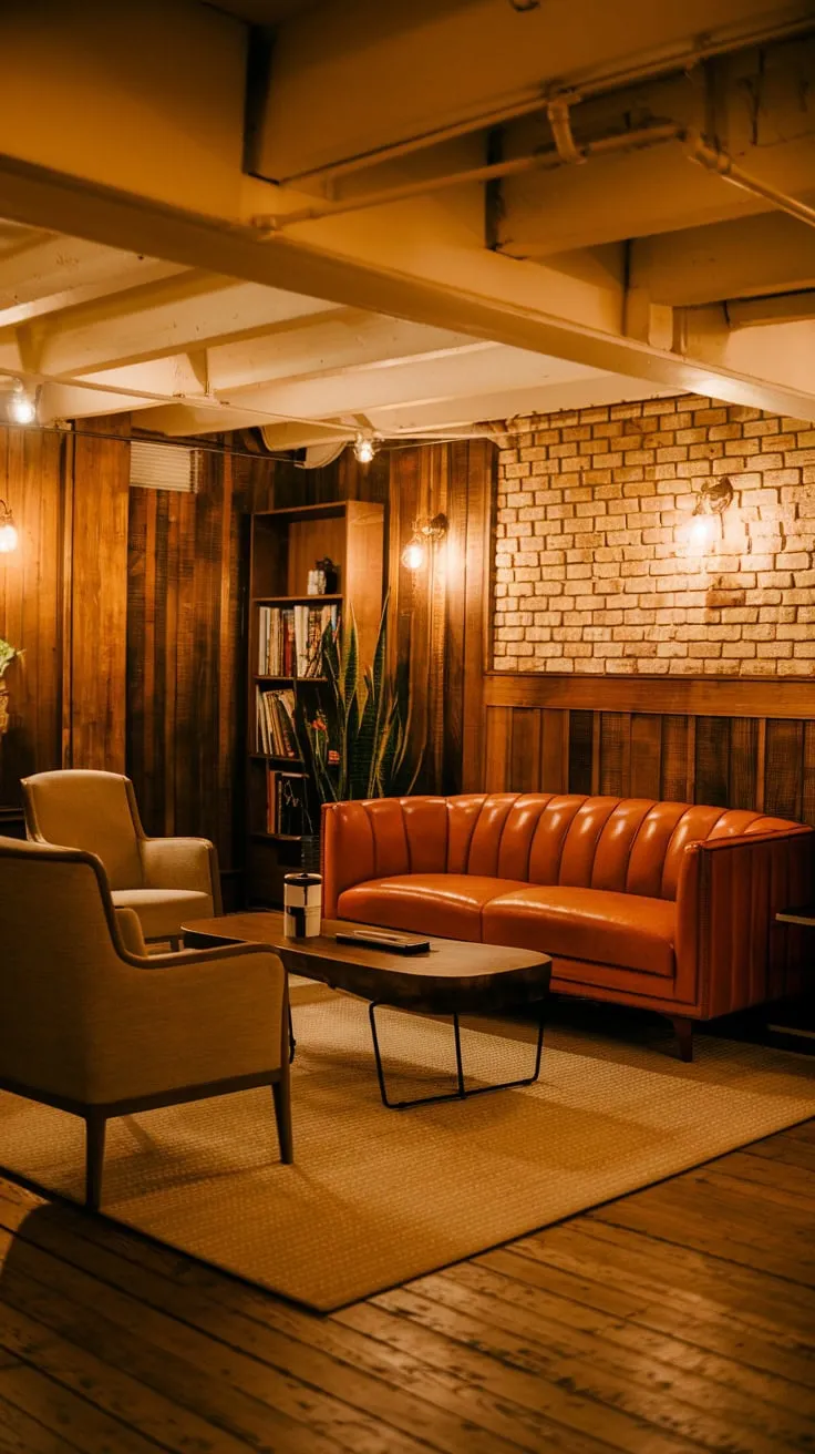 Cozy Vintage Basement Lounge with Warm Ambient Lighting