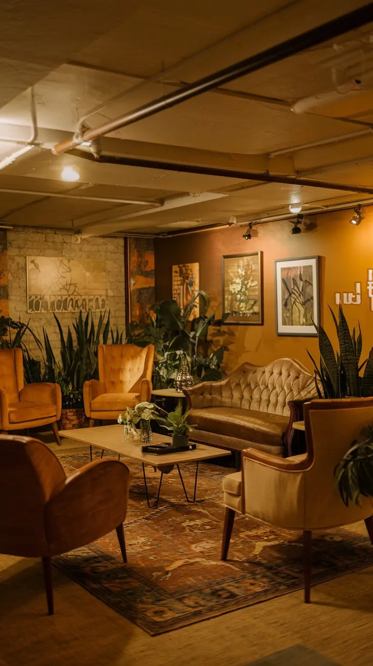 Cozy Vintage Basement Lounge with Artistic Touches
