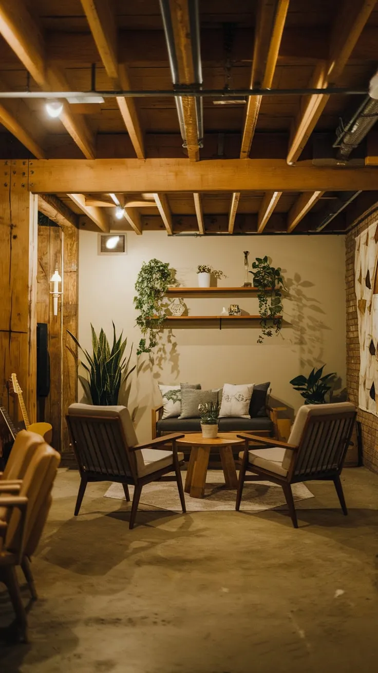 Cozy Rustic Basement Lounge with Warm Ambient Lighting